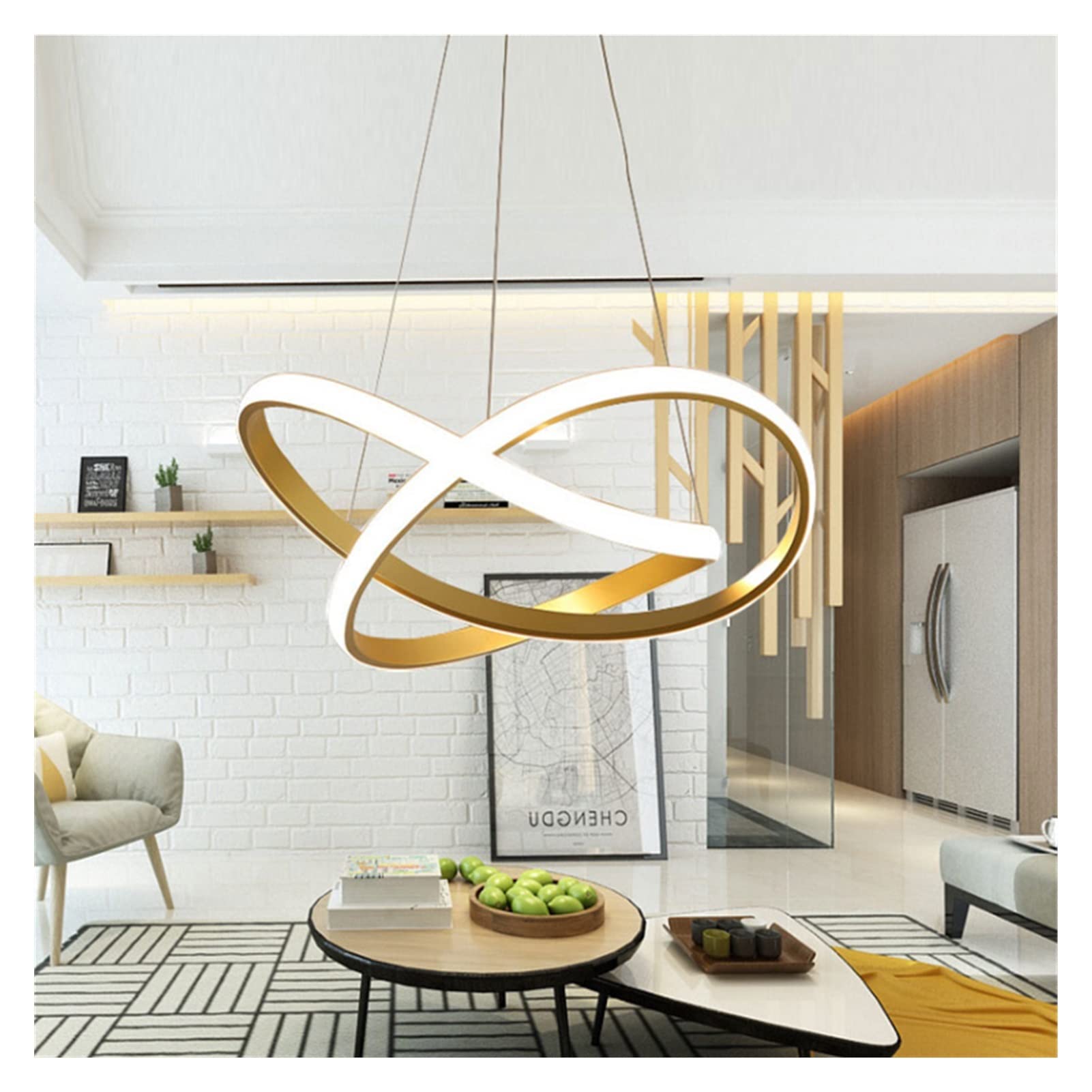 Lustre LED moderne doré pour salon et salle à manger avec intensité réglable par télécommande