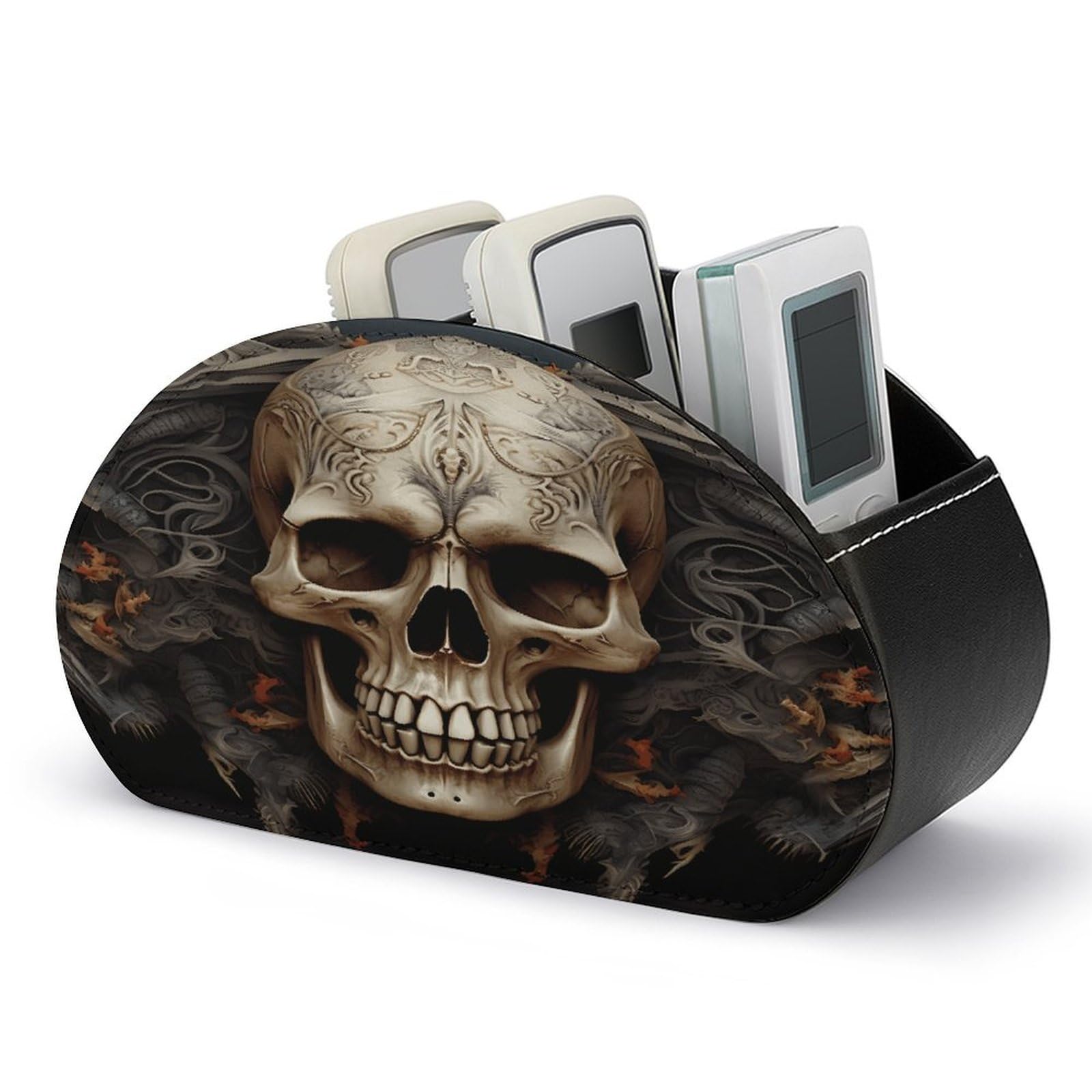 VstaDank Skulls Remote Control Holder Farmhouse TV Media Remote Storage Box with 5 Compartments PU Leather Remote Caddy Desktop Organizer for Home Bedside Table Organizer