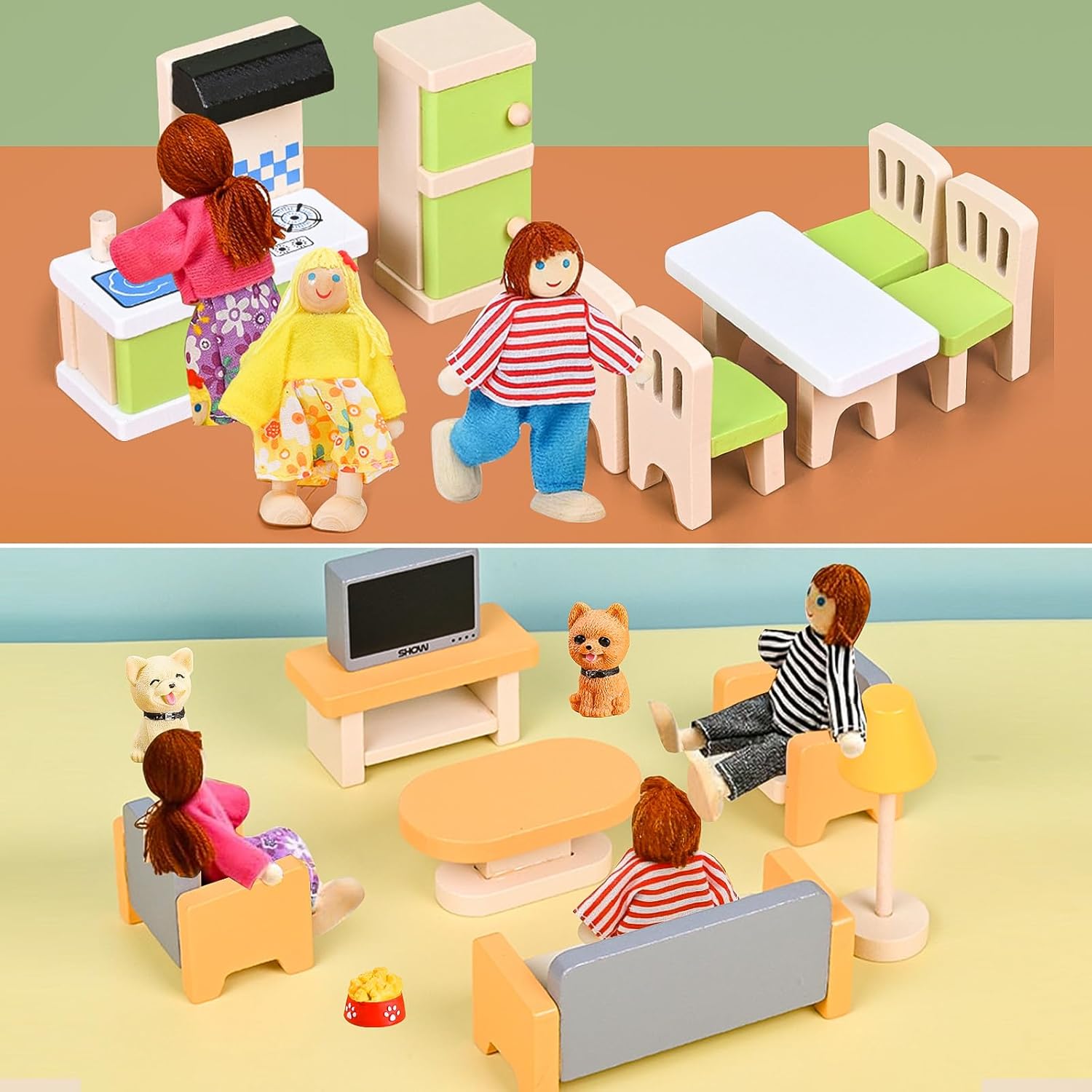 36PCS Wooden Dollhouse Furniture Set with 4 Flexible Family Dolls - 5 Room Realistic Doll House Accessories for Toddlers 3 4 5 6, Pretend Play Toys Gift for Birthday and Christmas