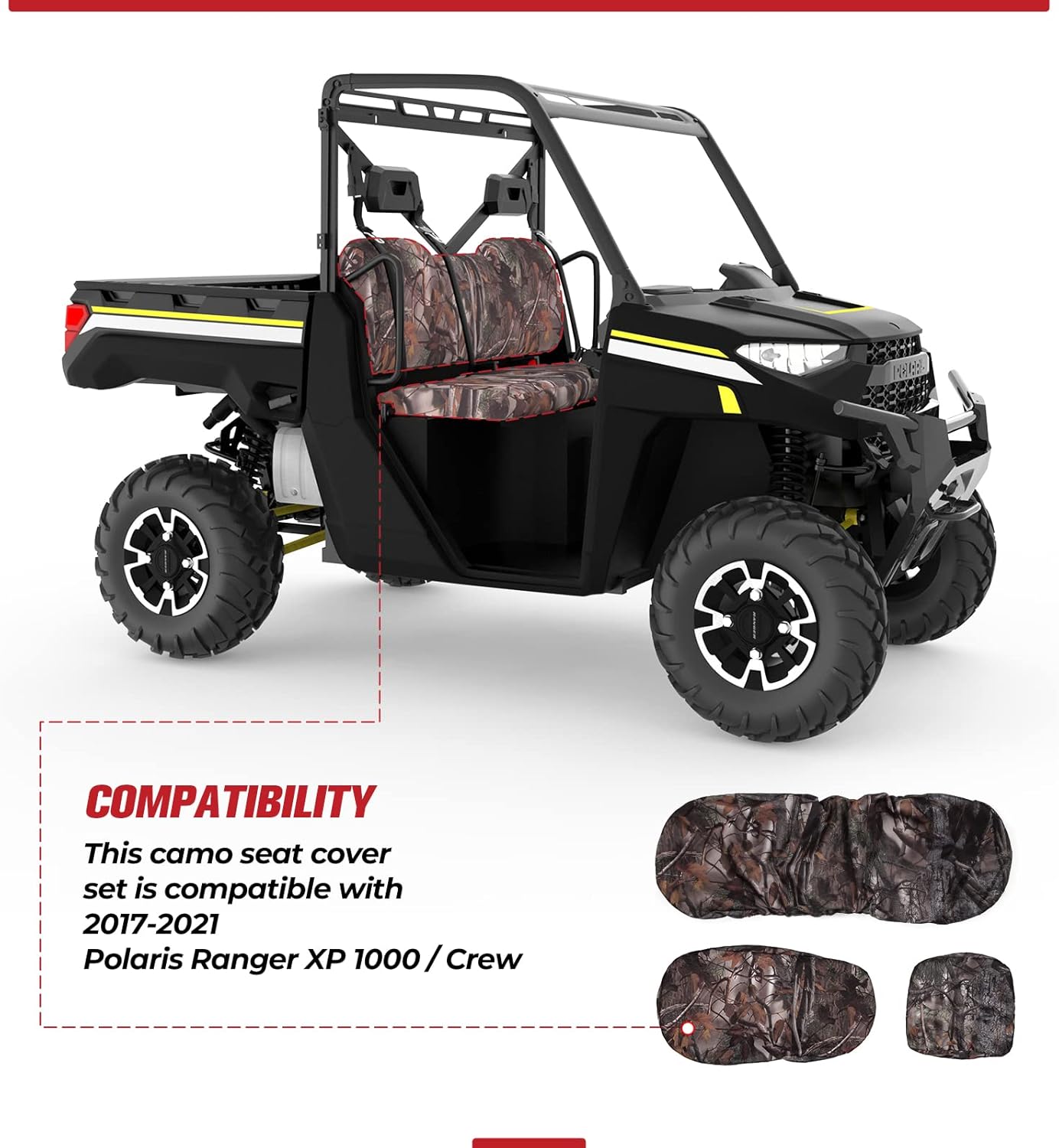 KEMIMOTO Seat Covers, Hunting Camo UTV Seat Cover Set Compatible with Polaris Ranger XP 1000/ Crew XP 1000 2018-2022 2023 Full-Size Split Bench Seat Covers (Crew Fits Front Seat Only) : Automotive
