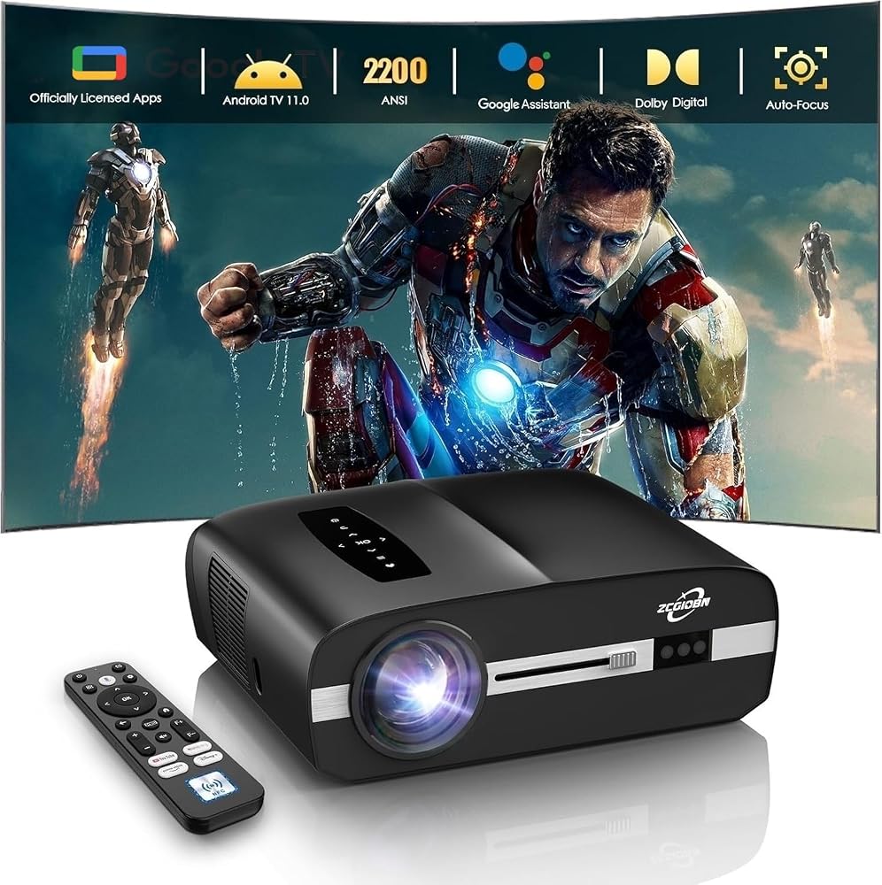 Amazon product image of 4K Projector for Golf Simulator, Home Theater & Gaming, 2200 ANSI Lumens | Smart Google TV with Apps, Ceiling Mountable, Auto Focus,HDR10,MEMC, Low Latency, PC Compatible, HDMI 2.1 ARC, Dolby Audio