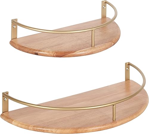 Kate and Laurel Camryn - Juego de 2 estantes de pared bohemios de media luna, madera natural y oro, estante decorativo bohemio de medio círculo para