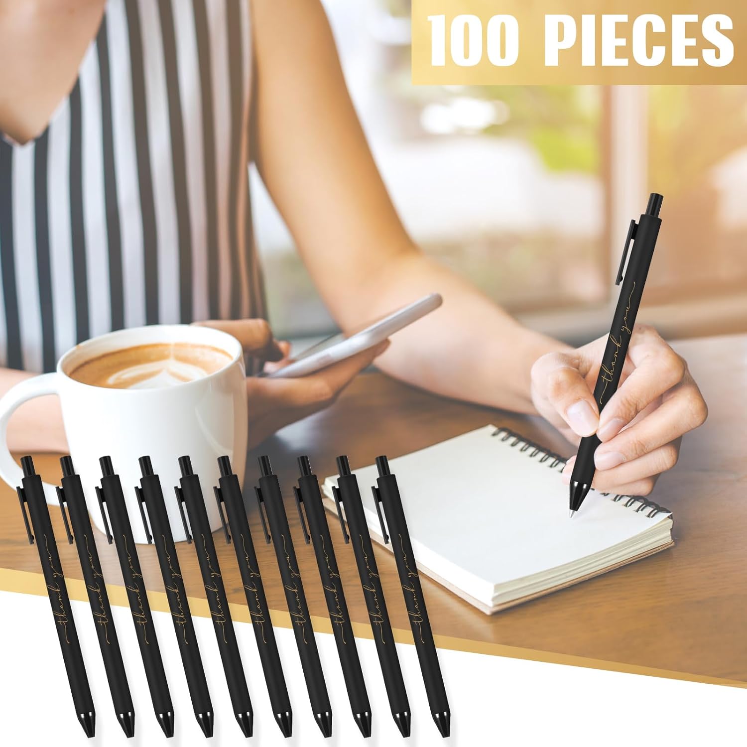 100pcs Thank You Pens Bulk Cute Multicolor Ballpoint Pen for Server Employee Appreciation Gifts for Social Worker Wedding Teacher Coworker Office Staff Team Nurse Baby Shower Party (Black)