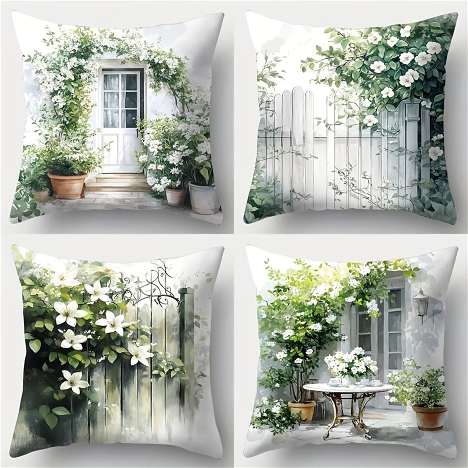 Housses de coussin 45x45 cm en lin avec fleurs blanches pour canapé et jardin - Lot de 4