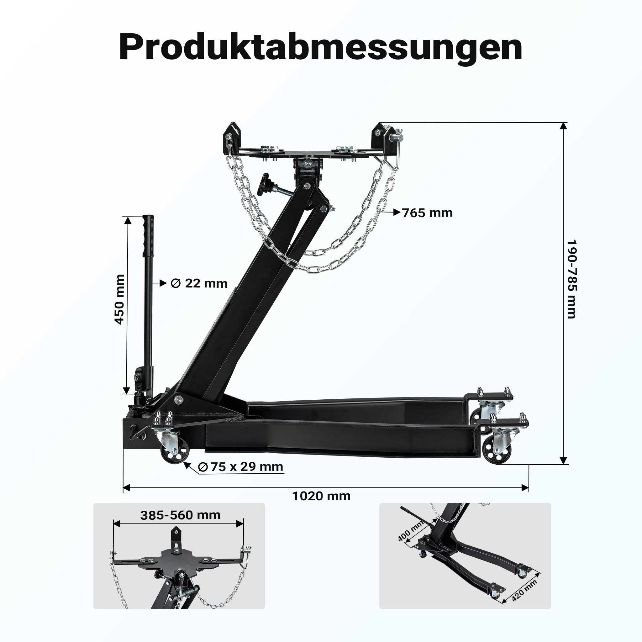 Wiltec Getriebeheber bis 1 t Traglast, höhenverstellbar 180-790 mm | Motorheber, Motorblock, mit Rollen