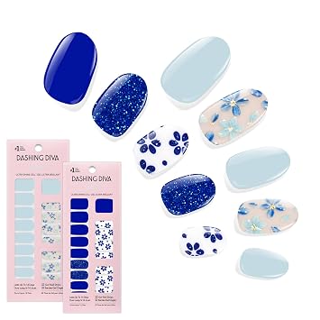 Dashing Diva Gloss Nail Strips Bundle - The Blue Blossom Collection - June Bloom & Flor Azul - UV Free, Chip Resistant, Long Lasting Gel Stickers - Contains 2 Sets
