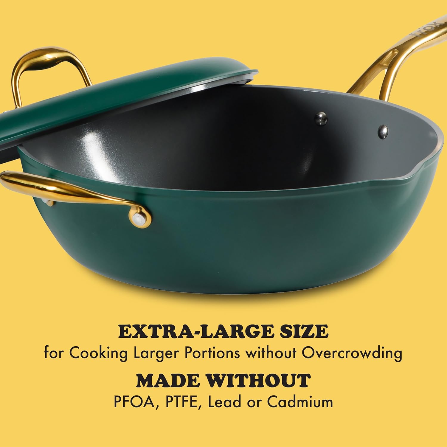 Frok 13" Frying Pan Wok Skillet 4MM Thick Quick Heat Aluminum Cookware w/Aluminum Lid Premium PFA Free Ceramic Nonstick Interior & Heat Resistant Exterior - Induction - Green & Gold