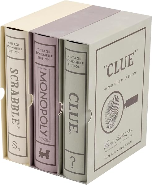 WS Game Company Vintage Board Games Bookshelf Collection - Scrabble, Monopoly & Clue in Book-Style Cases for Family Game