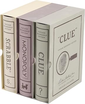 WS Game Company Vintage Board Games Bookshelf Collection - Scrabble, Monopoly & Clue in Book-Style Cases for Family Game Night, Classic Board Games for 2-6 Players, Ages 8+