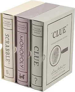 Scrabble, Monopoly, and Clue Vintage Board Game Bookshelf Collection