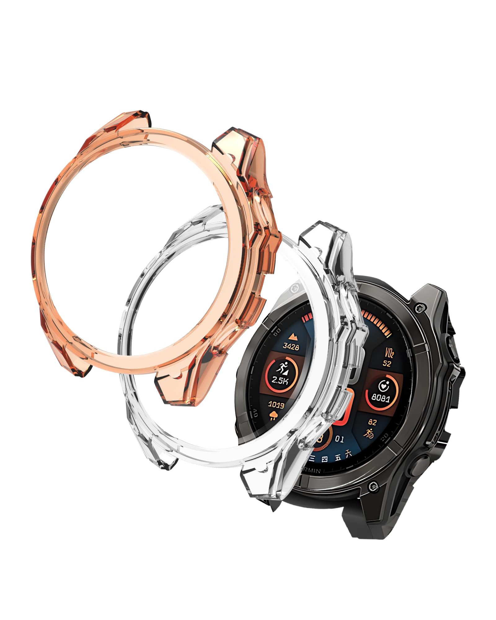 2 Pack Case for Garmin Fenix 8 51MM Smartwatch Cover,All-Round Protection,Shockproof,BOVUGAC Transparency TPU Protective Case Cover for Garmin Fenix 8 51MM Smart Watch Accessories - Clear+Orange