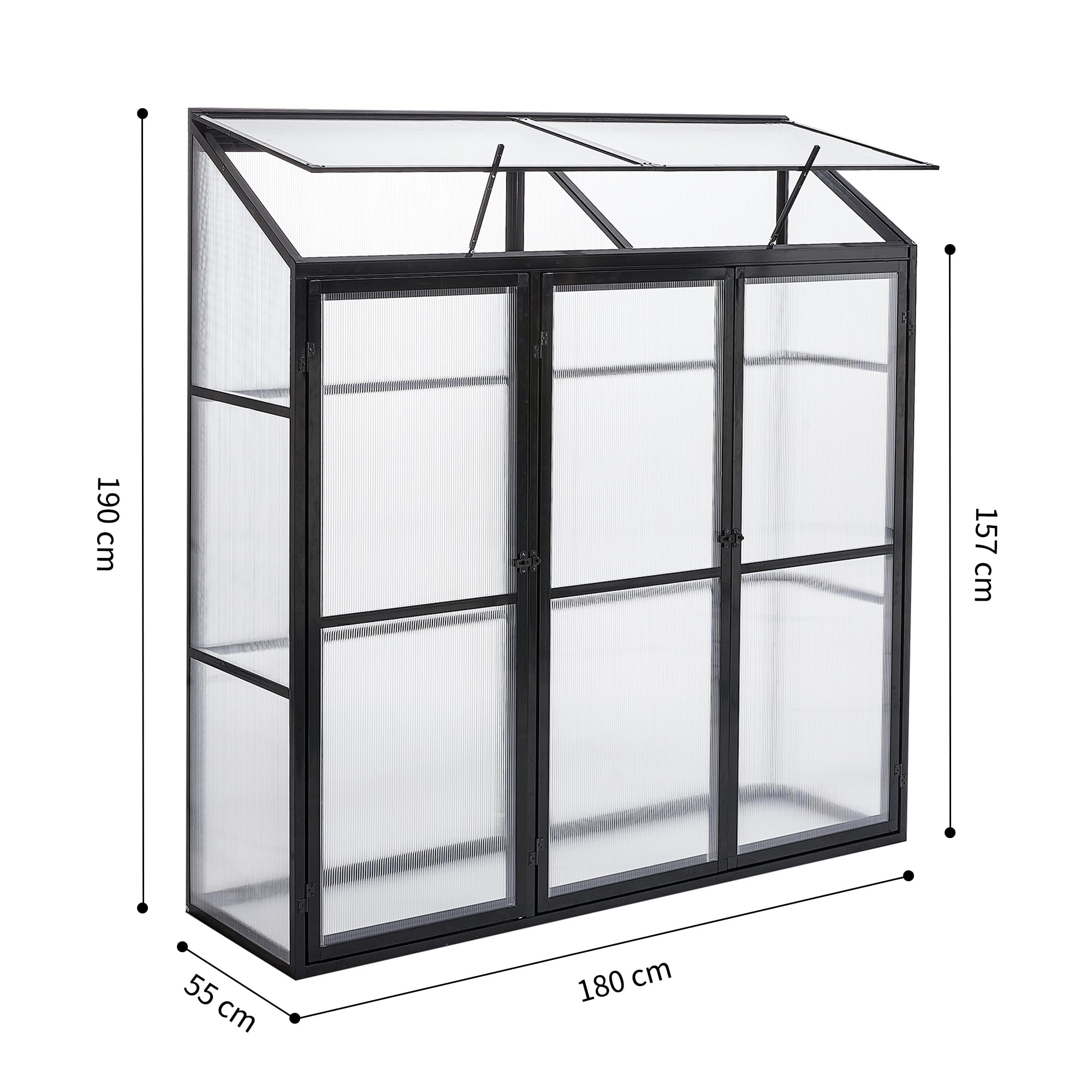 Anlehngewächshaus Tomaten Gewächshaus 180x55x190cm Aluminium Beistell-Gewächshaus, Treibhaus Gartenhaus Frühbeet mit Rückwand, Winterfest Klein, Minigewächshaus, Schwarz