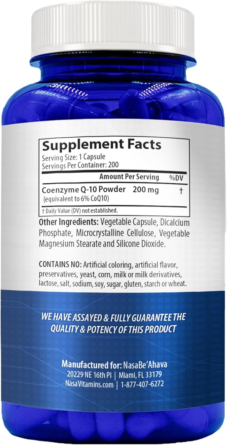 CoQ10 200mg Capsules | Vegan Friendly Coenzyme Q10 200mg from Easy Absorption Ubiquinone Supplement for Skin Heart and Energy Support | Made in The USA in cGMP Facilities (200 Servings)