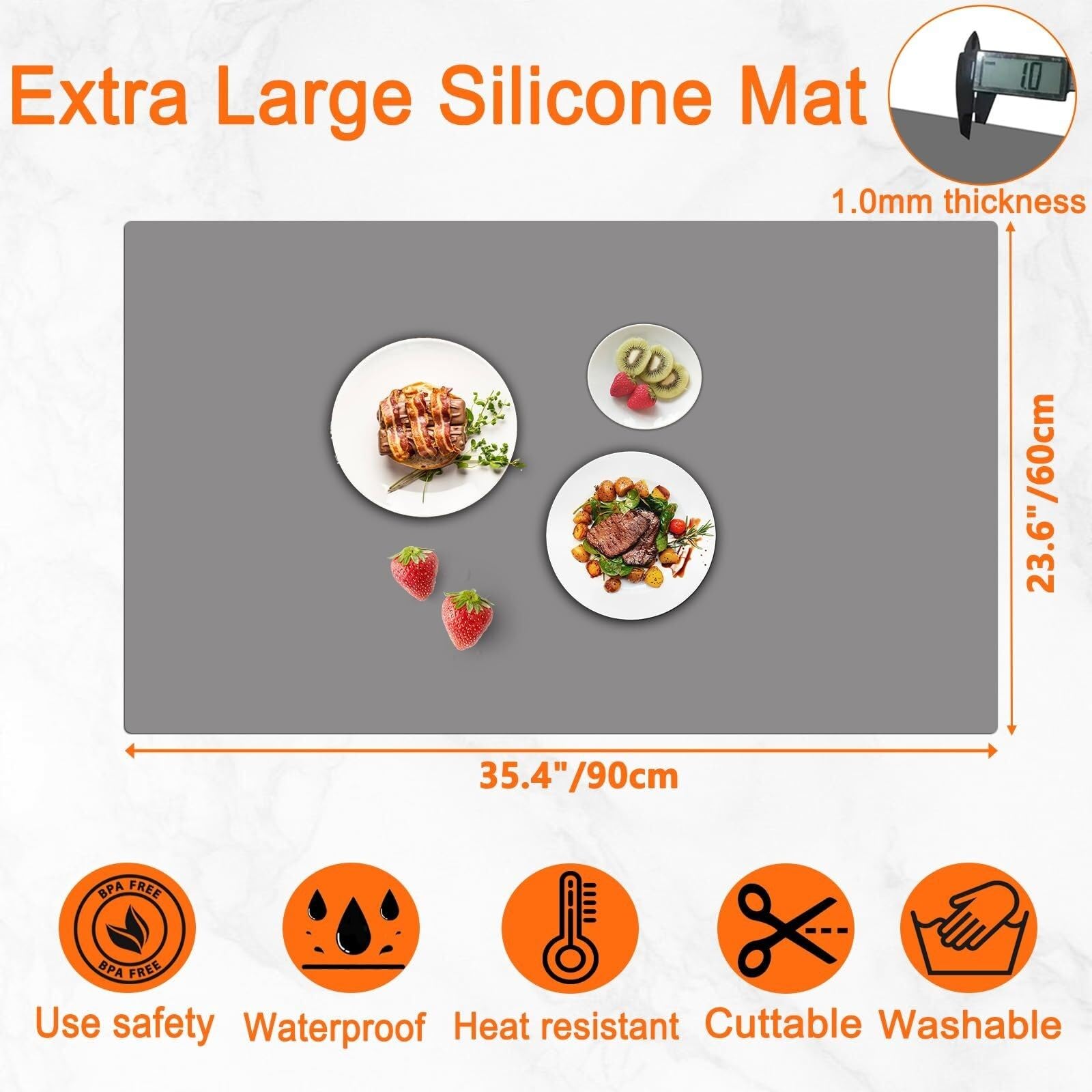 Tapis en silicone extra large 120 x 60 cm pour comptoir de cuisine, protection de plan de travail résistant à la chaleur, facile à nettoyer (gris clair, 89,9 x 59,9 cm)