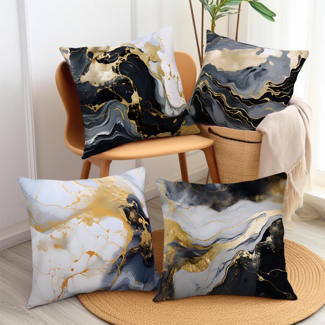 Black White Ink Marble Throw Pillow Covers - 18x18 Inch, Polyester, Hidden Zipper, Home Decor - View #4