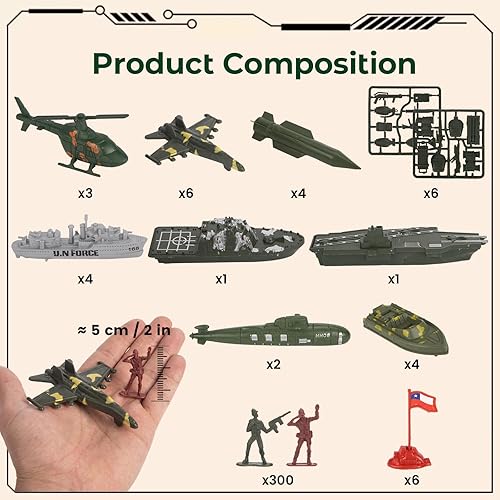 Miniatura 7 de 3 otters 360 piezas Juego de soldados del ejército de 360 piezas, juguetes de soldados de plástico del ejército con portaaviones militares,