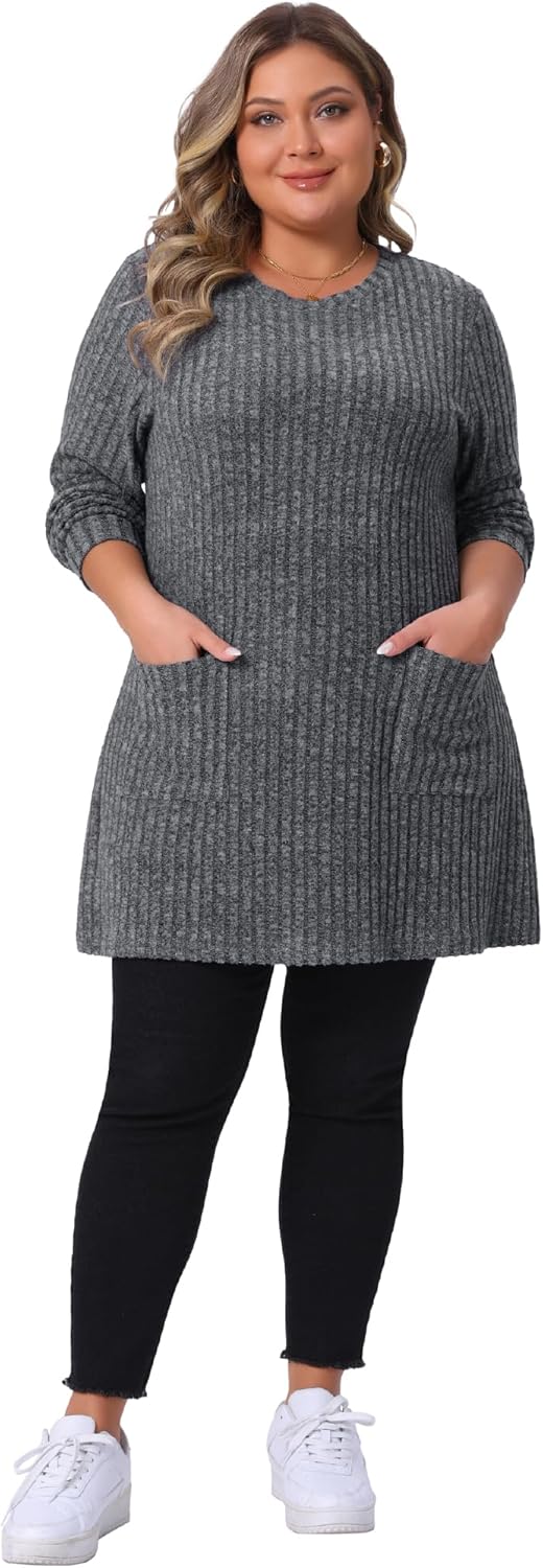 Agnes Orinda Plus Size Sweaters for Women Round Neck Long Sleeve Ribbed Knit Loose Pocket Pullover Top - Image 3