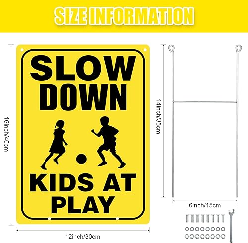 Vista 2 de Zonon 4 letreros de seguridad para niños en juego con alambre de metal con estacas en H de precaución para niños en el juego, letreros reflectantes