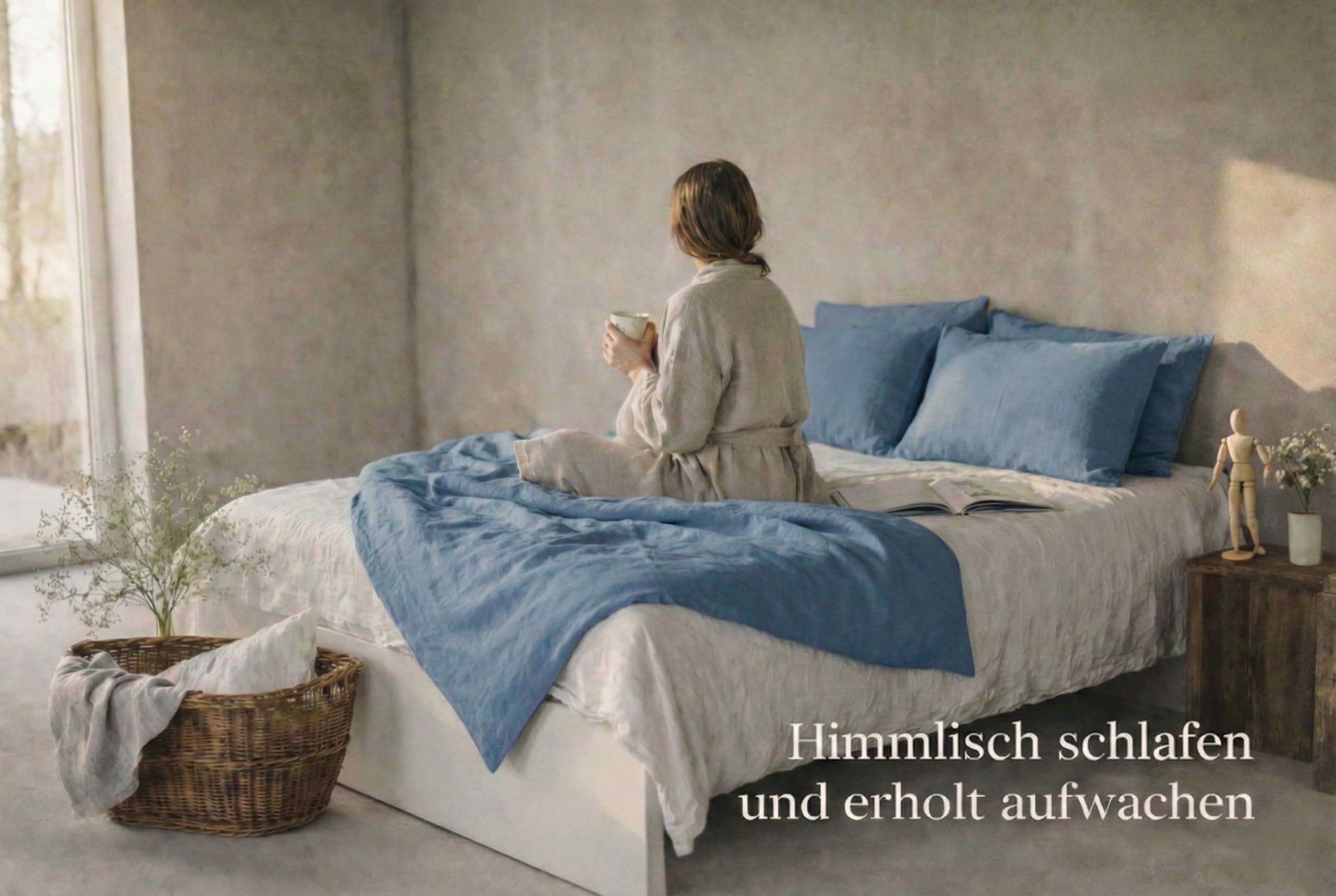 Zestaw pościeli lnianej, 100% naturalny len, z włókien naturalnych, z zamknięciem hotelowym (niebieski, 200 x 200 cm, 2 szt. 80 x 80 cm)