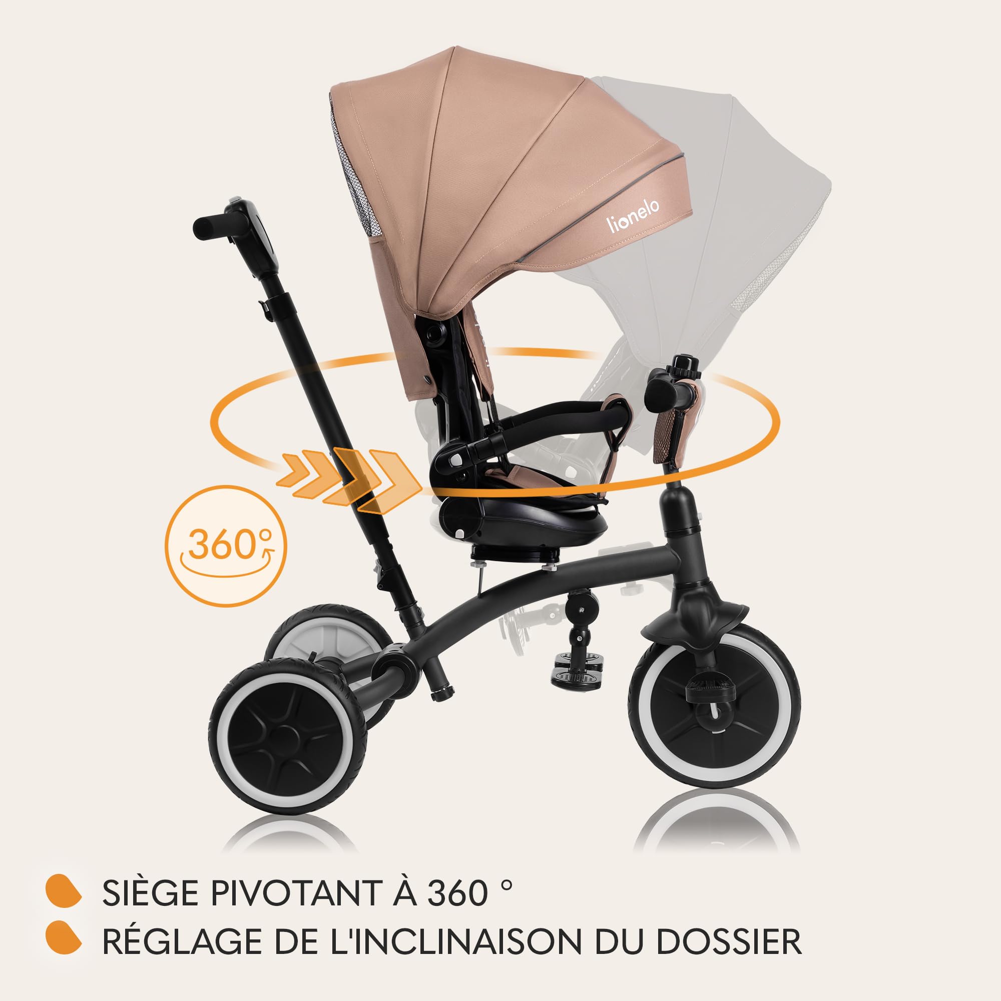 LIONELO Tris Plus Tricycle Multifonctionnel de 9 Mois à 5 Ans jusqu'à 25 kg, Poussette bébé, Grandes Roues en PU Siège Pivotant Dossier Réglable à360° Réglage Dossier sans Outils