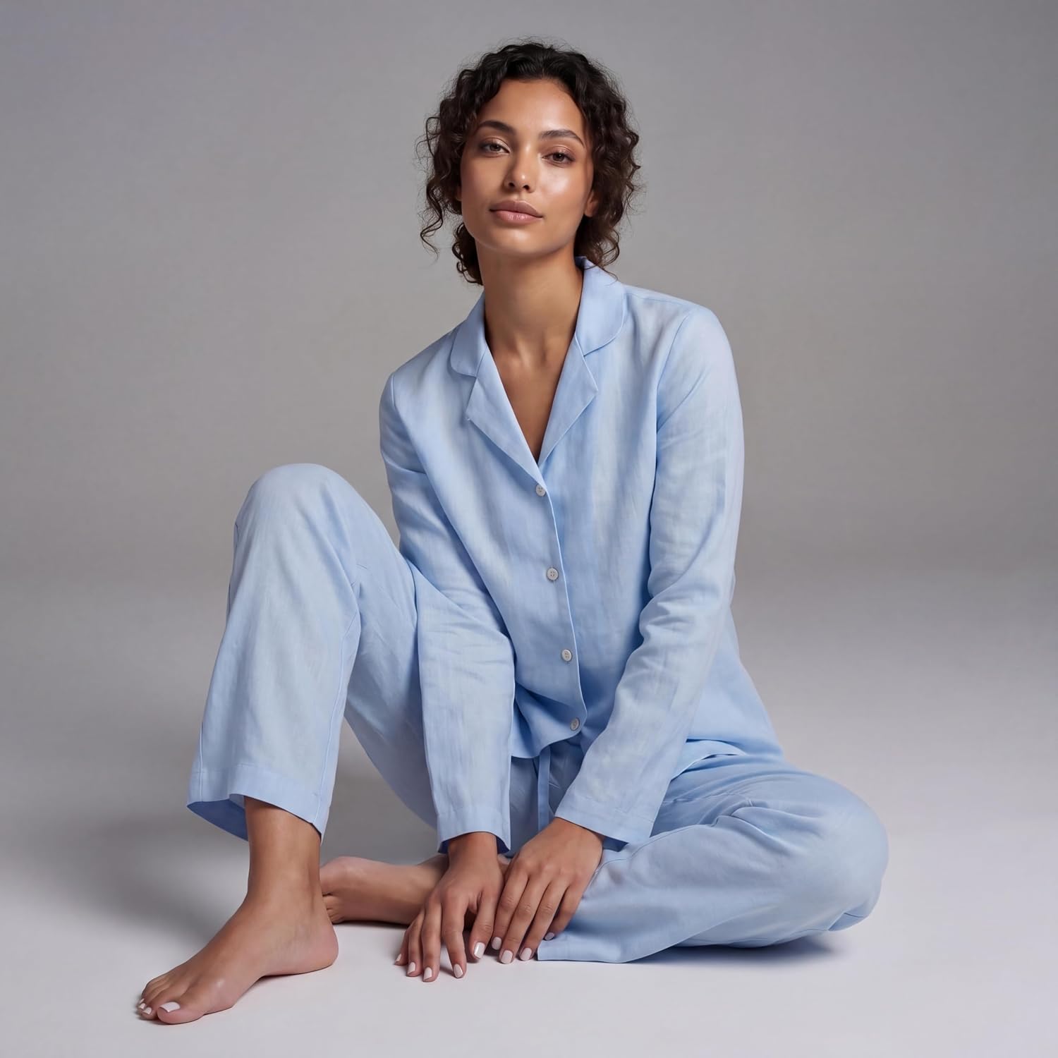 Euphoria Bliss Womens 2 Piece Long Sleeve Matching Linen Set Pockets Button Down Loungwear Pyjamas Pjs