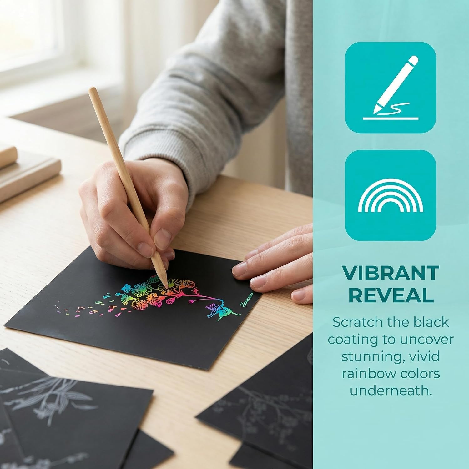 PRETYZOOM Rainbow Scratch Postcards Set, 8 Designs Rainbow Scratch Paper, Convenient to Carry, for Travel Students Classroom Prizes School Activity DIY Art Supplies (Half Letter Size)