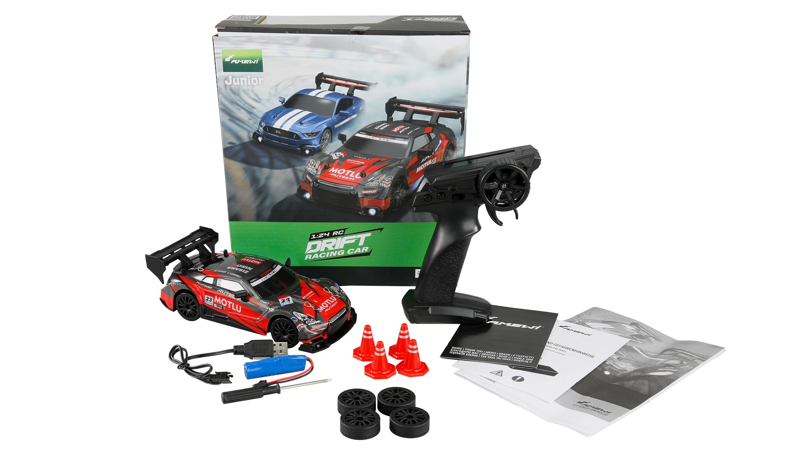 Amewi Drift Racing Car, RC radiocomandato, con illuminazione sottoscocca, 20 km/h, 4 WD 1:24 RTR rosso/nero con telecomando, batteria, cavo di ricarica, accessori