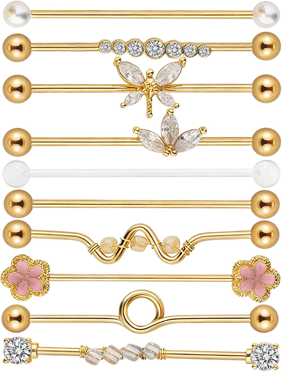 10Pcs 14G Industrial Piercing Jewelry, Surgical Steel Industrial Barbells Kit, Golden Helix Piercing Earrings, For Women Men