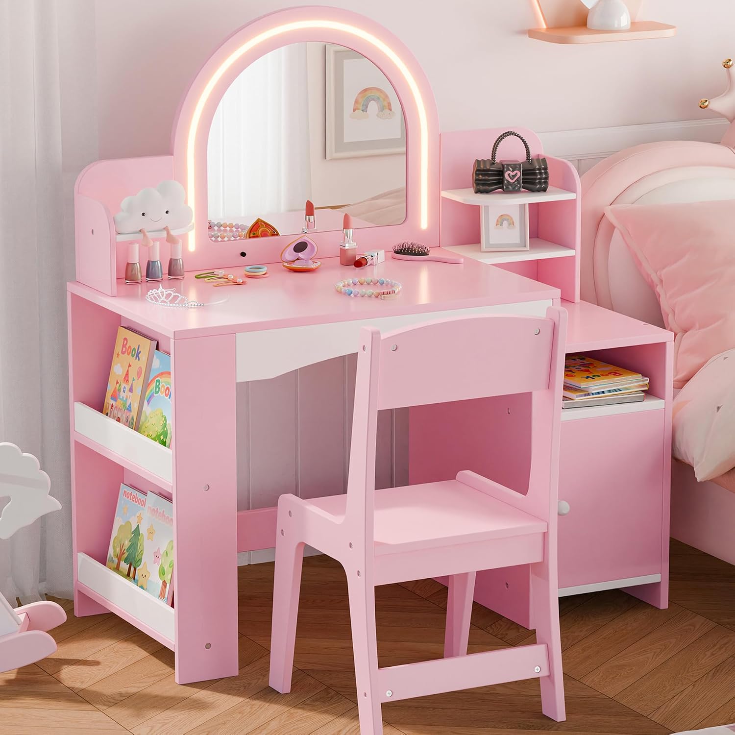 MU Kids Vanity with Lights, Girls Vanity Table and Chair Set with Lighted Mirror, Storage Cabinet, Bookshelf & Shelves, Toddler Makeup Vanity Set for Little Girls, Pink