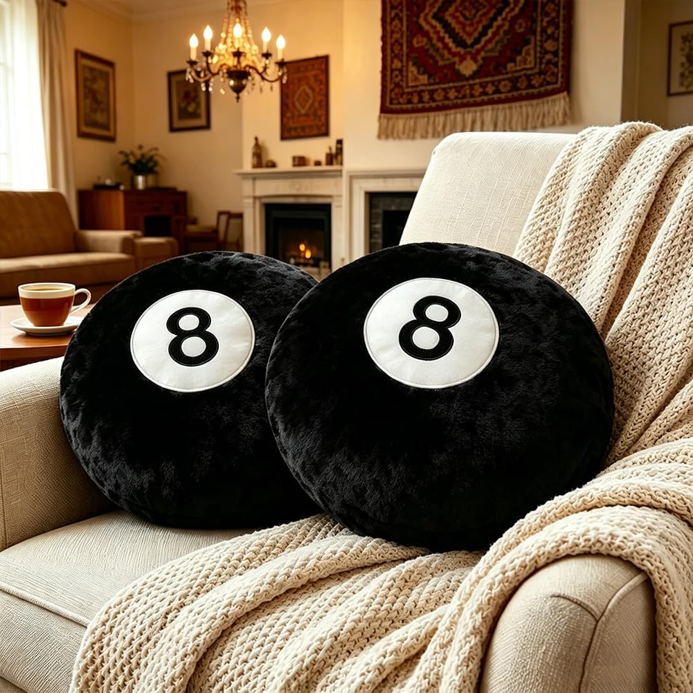 Black 8 Ball Pillow,14 inch 8 Ball Throw Pillow Soft Faux Fur Round Decorative Cushion Hugging Pillow for Home Bed, Sofa, Couch, Bedroom & Living Room