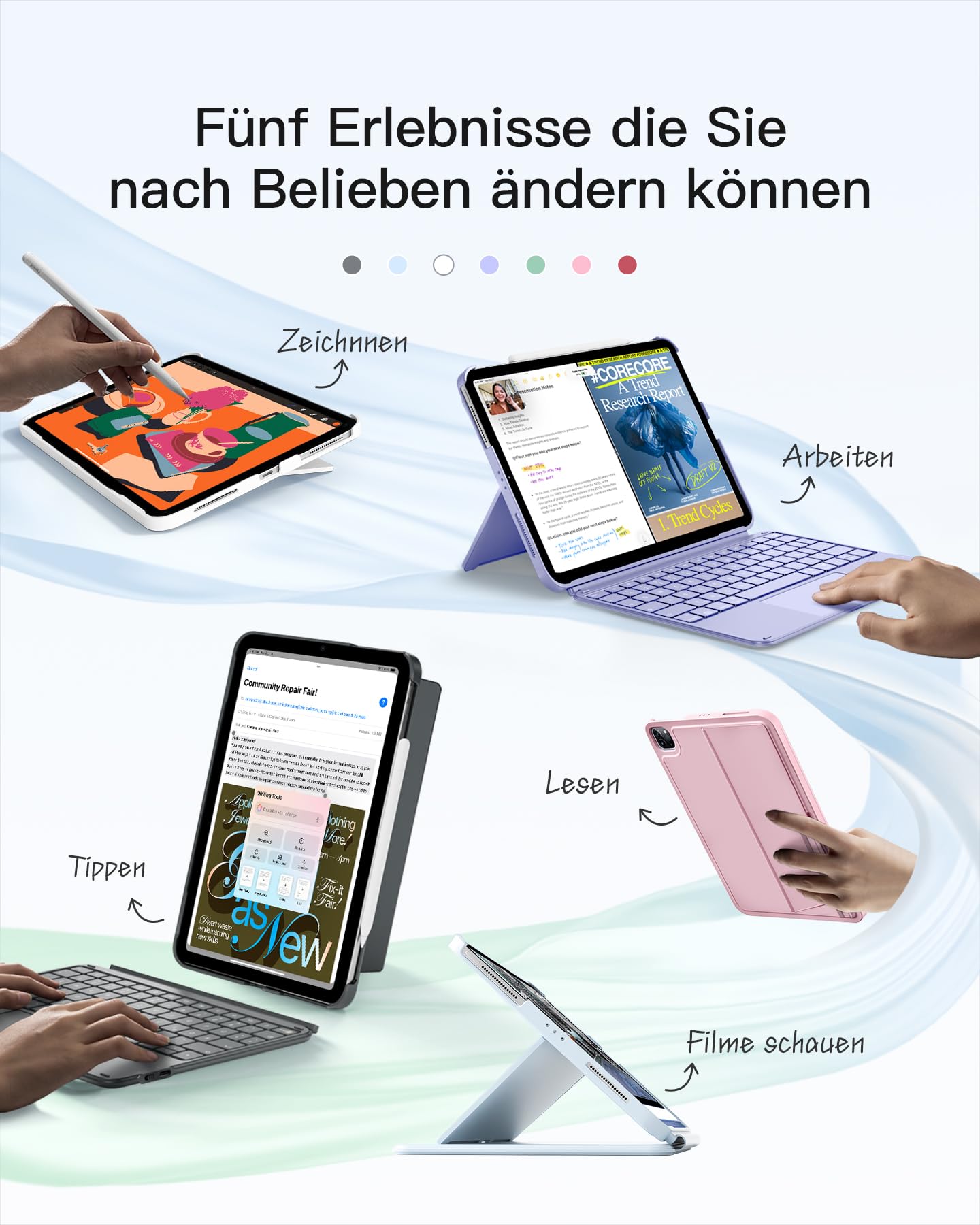 Inateck Hülle mit Tastatur für iPad 11 (A16 2025)/10 Gen, iPad Air 11" M4/M3/M2 (2026/2025/2024), Air 5/4, Pro 11 4/3/2/1, abnehmbar, mit Touchpad, QWERTZ