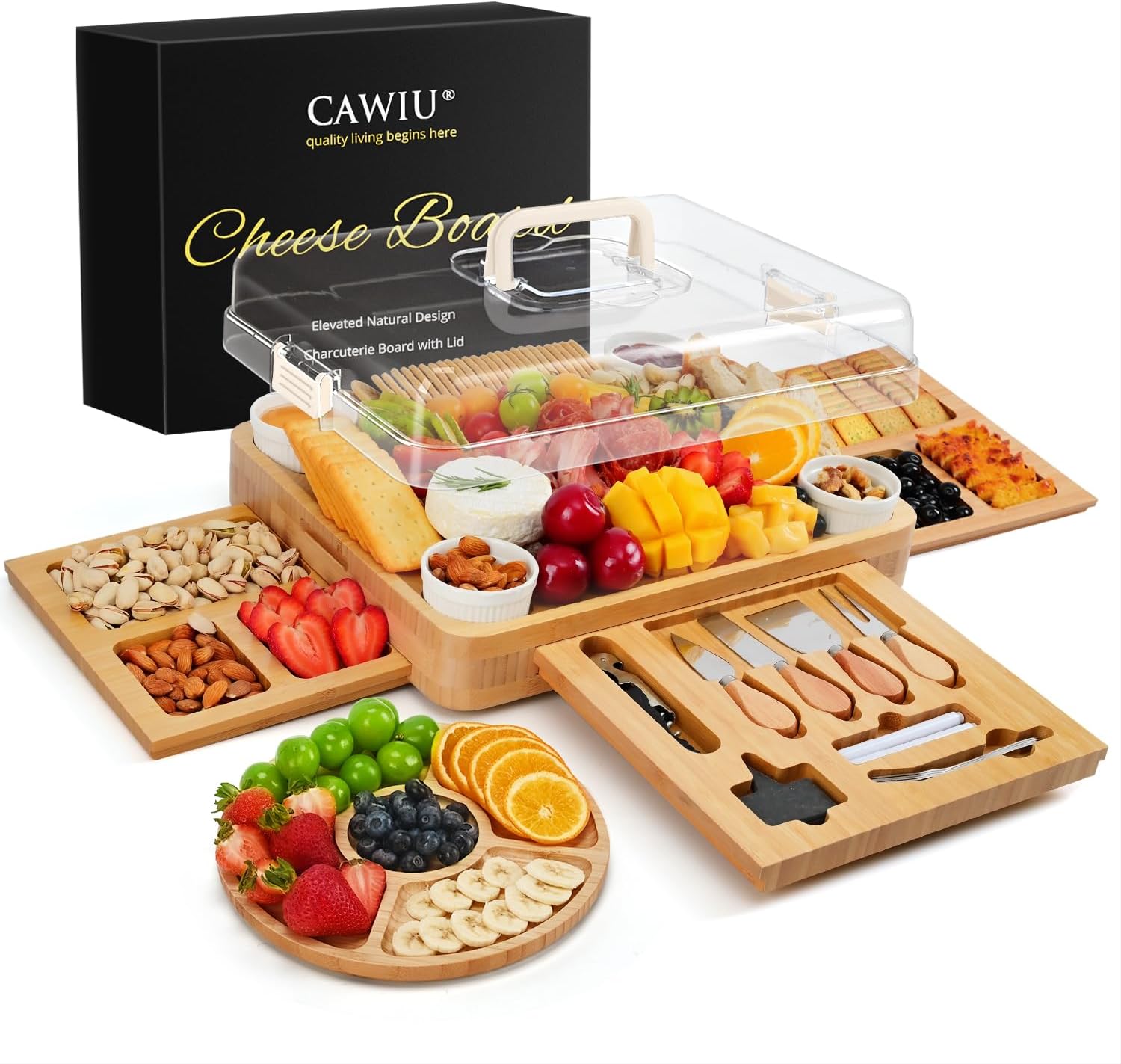 Charcuterie Board with Lid – Large Bamboo Cheese Board Set with Utensils & Drawers – Housewarming, Wedding Gifts for Couples, Serving Tray with Cover (Cream)