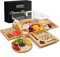 CAWIU Large Bamboo Charcuterie Board with Lid, Utensils, Drawers & Ceramic Bowls - Ideal Housewarming Wedding Gift Set (Cream)