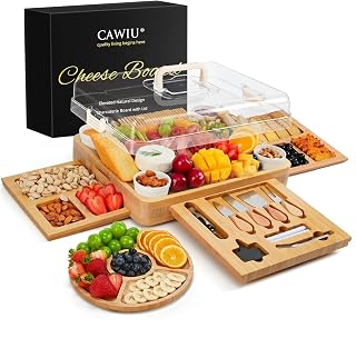 CAWIU Large Bamboo Charcuterie Board with Lid, Utensils, Drawers & Ceramic Bowls - Ideal Housewarming Wedding Gift Set (Cream)