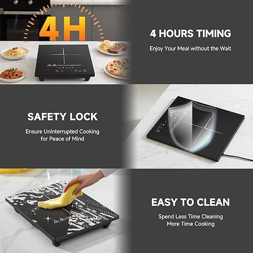 Miniatura 6 de AMZCHEF Placa de cocción de inducción portátil: quemador de inducción de 74 niveles de temperatura con sonda digital, quemador de encimera de 1800 W