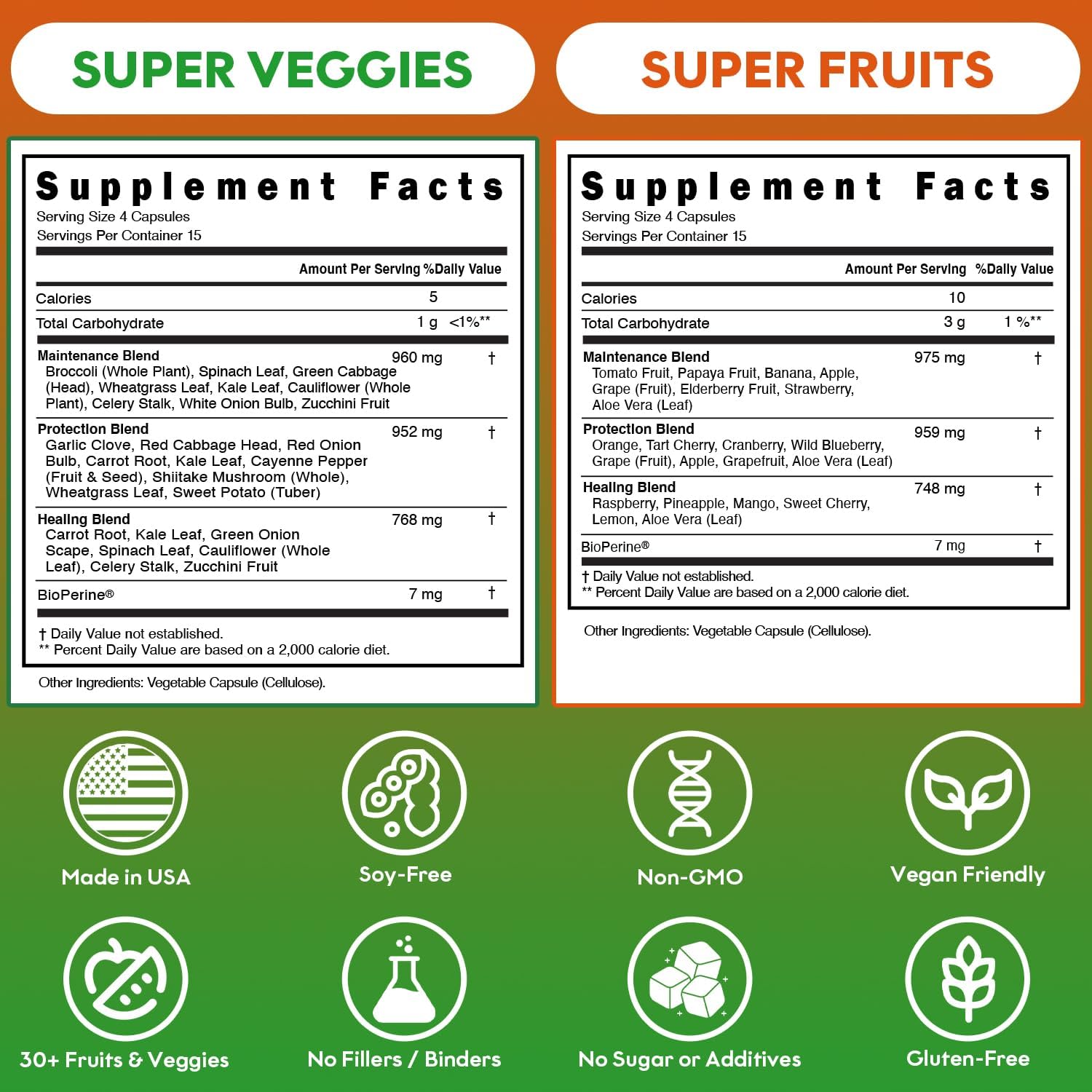 Fruits and Veggies Supplement (60 Day Supply) Powerfull Blend of 39 Whole Fruits and Veggies, Fills Nutritional Gaps, Get Energy, Well-being. USA Made Non-GMO/Vegan/Gluten Free. Packaging May Vary