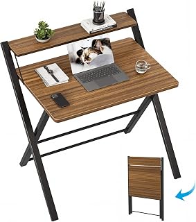 GreenForest No Assembly Folding Desk with Shelf - Compact 2-Tier Foldable Computer Table for Home Office, Dorm, Apartment, Espresso