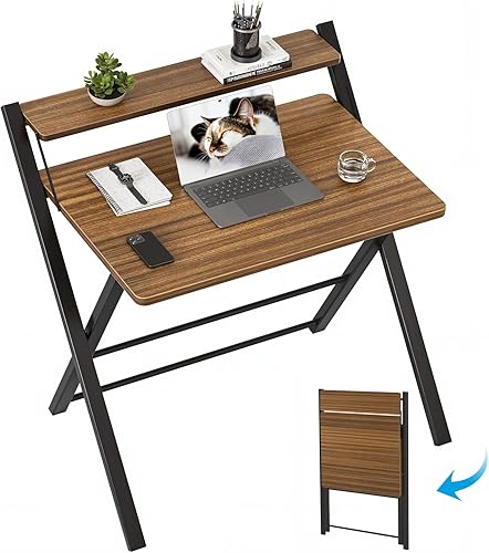 Miniatura 12 de GreenForest Escritorio plegable sin montaje, escritorio compacto de 2 niveles para computadora con estante, mesa plegable que ahorra espacio para