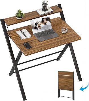 GreenForest Folding Desk No Assembly Required, 2 Tier Computer Desk with Monitor Shelf, 30 Inch Foldable Home Office Table for Work from Home Apartment Dorm Study Room, Espresso