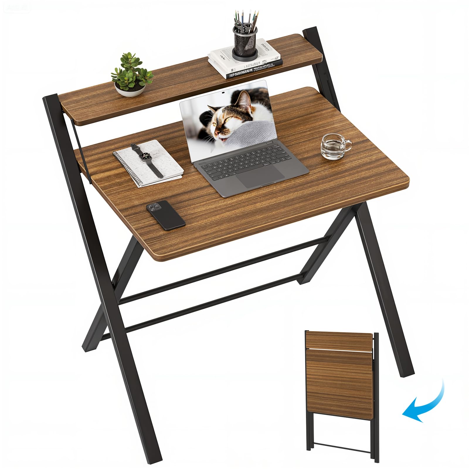 GreenForest No Assembly Folding Desk, 2-Tier Compact Computer Desk with Shelf, Space Saving Foldable Table for Home Office, Dorm or Apartment, Portable Collapsible Sturdy Laptop Desk, Espresso