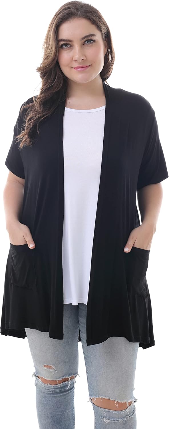ZERDOCEAN Women's Plus Size Short Sleeve Lightweight Soft Printed Drape Cardigan with Pockets - Image 2