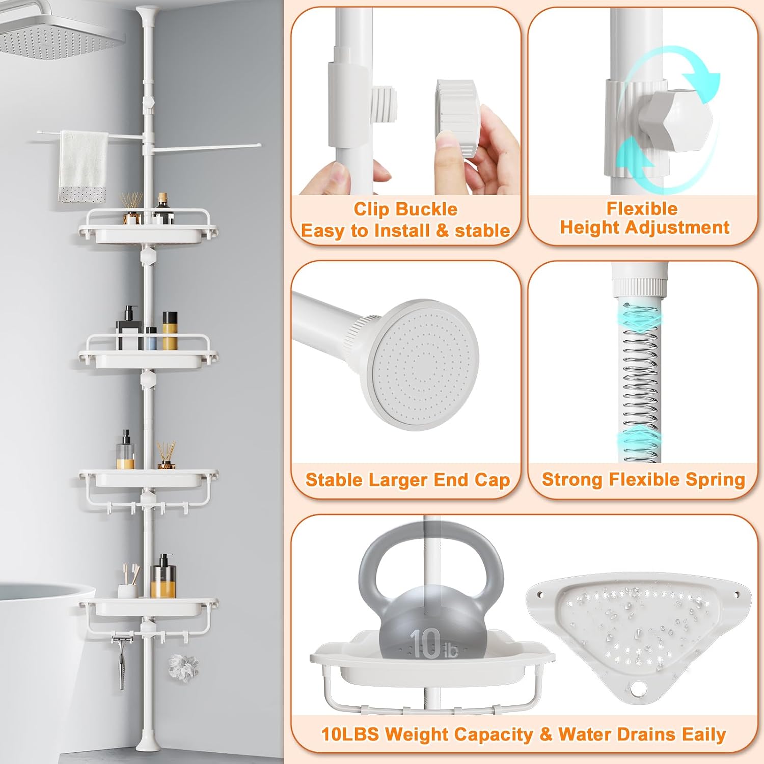 Upgrade Sturdy Shower Caddy Tension Pole Quick Installation Corner Shower Shelves 18/8 Stainless Steel Rustproof 4 Tier Adjustable Shower Rack for Bathtub Shampoo Accessories Storage 32-122inch