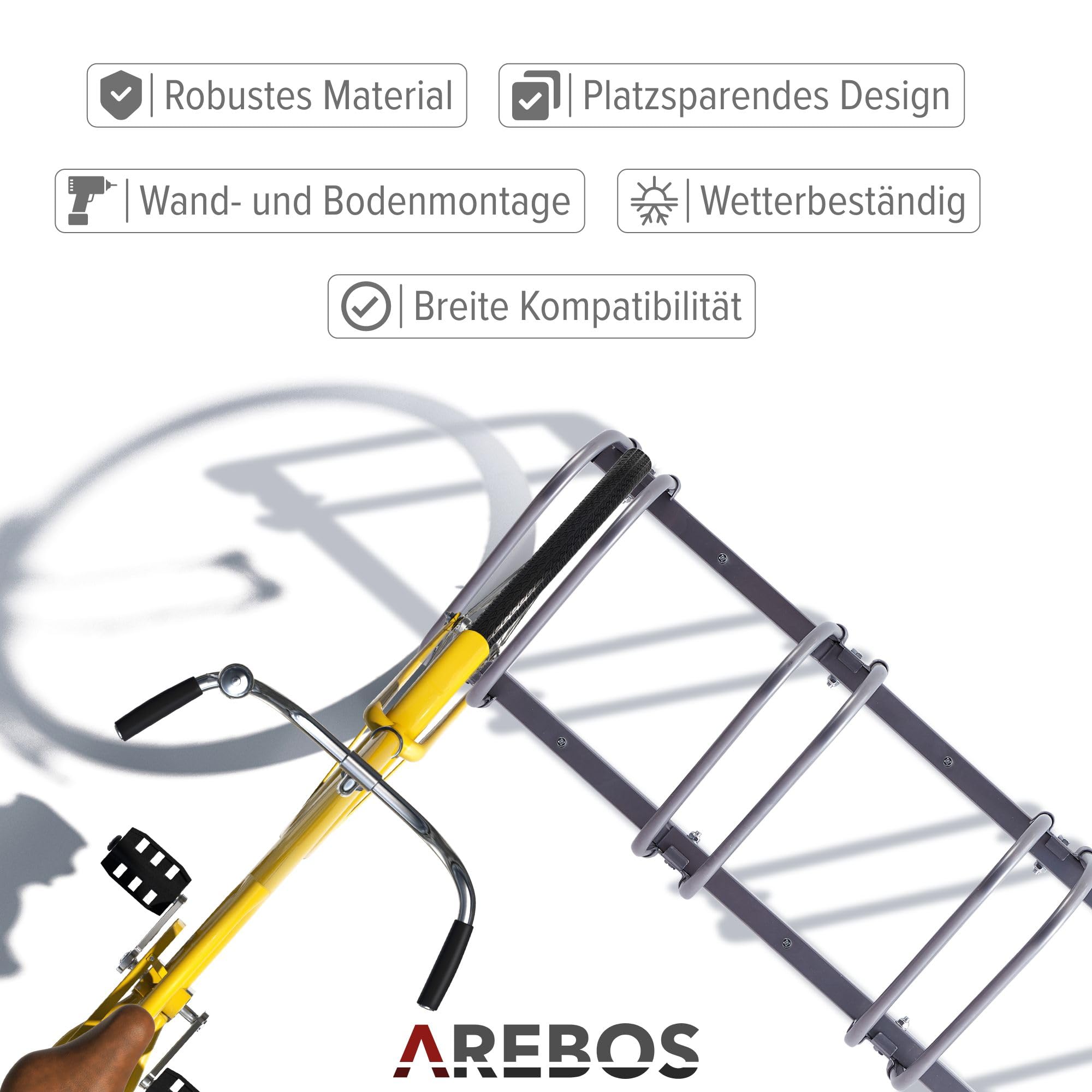 Arebos Fahrradständer für 5 Fahrräder | Mehrfachständer mit 21cm Radabstand | Fahrradhalter für 35-60 mm Reifenbreite | Radständer 130 x 30 x 26 cm | Boden- oder Wandmontage | Aufstellständer Silber