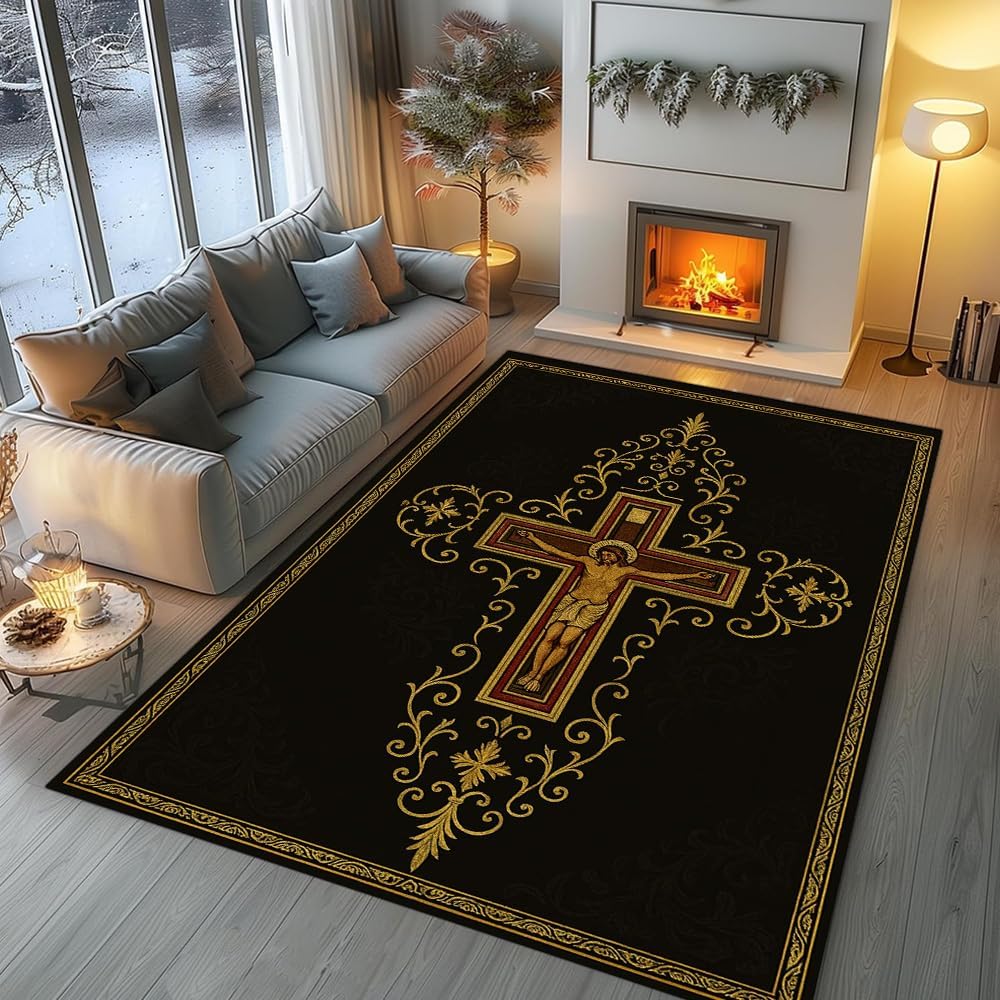 Personalized Faith Cross Rug – Christian Carpet, Custom Name Area Rug for Living Room, Bedroom, Church Decor, Home Floor Mat