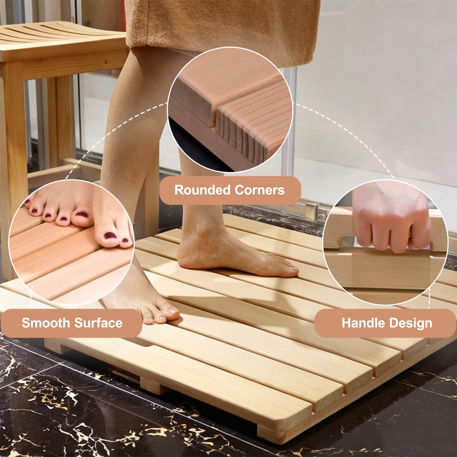 Tappetino Bagno in Legno - Pedana Doccia in Legno di Cedro Rosso - Antiscivolo con Maniglia per Bagno Sauna e Spa(Light,60x70cm/23.6x27.6in)