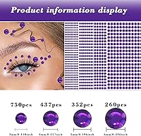 Vista 3 de 1792 calcomanías de gemas para el cabello, calcomanías de perlas autoadhesivas moradas, joyas para rostro, ojos, uñas, maquillaje corporal