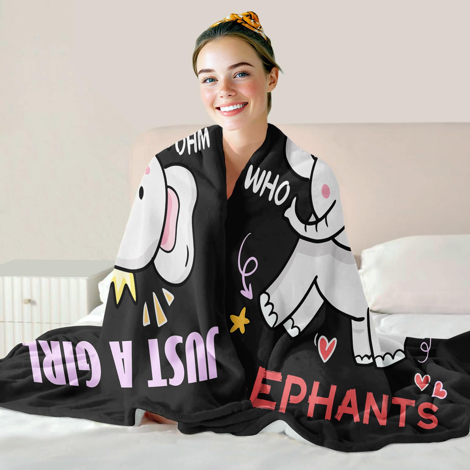 YISUMEI Elephant Fleece Throw Blanket, Just A Girl Who Loves Elephants Design, Gift for Girls Women Kids 125 x 150 cm, Black - Image 3