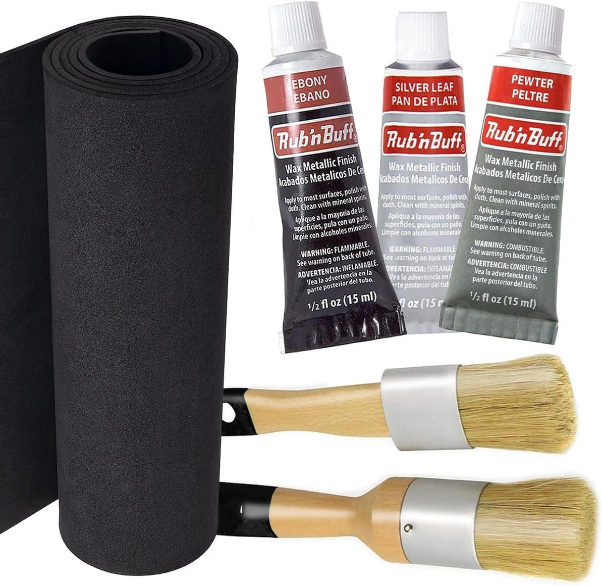 Rub 'n Buff Silver Wax Paints with Pixiss EVA Foam Roll 5mm (Black) and Wax Brushes - 15ml of Silver Leaf, Pewter, Ebony - 35cm x 150cm x 5mm High Density Foam for Cosplay - 2 Boar Bristle Brushes