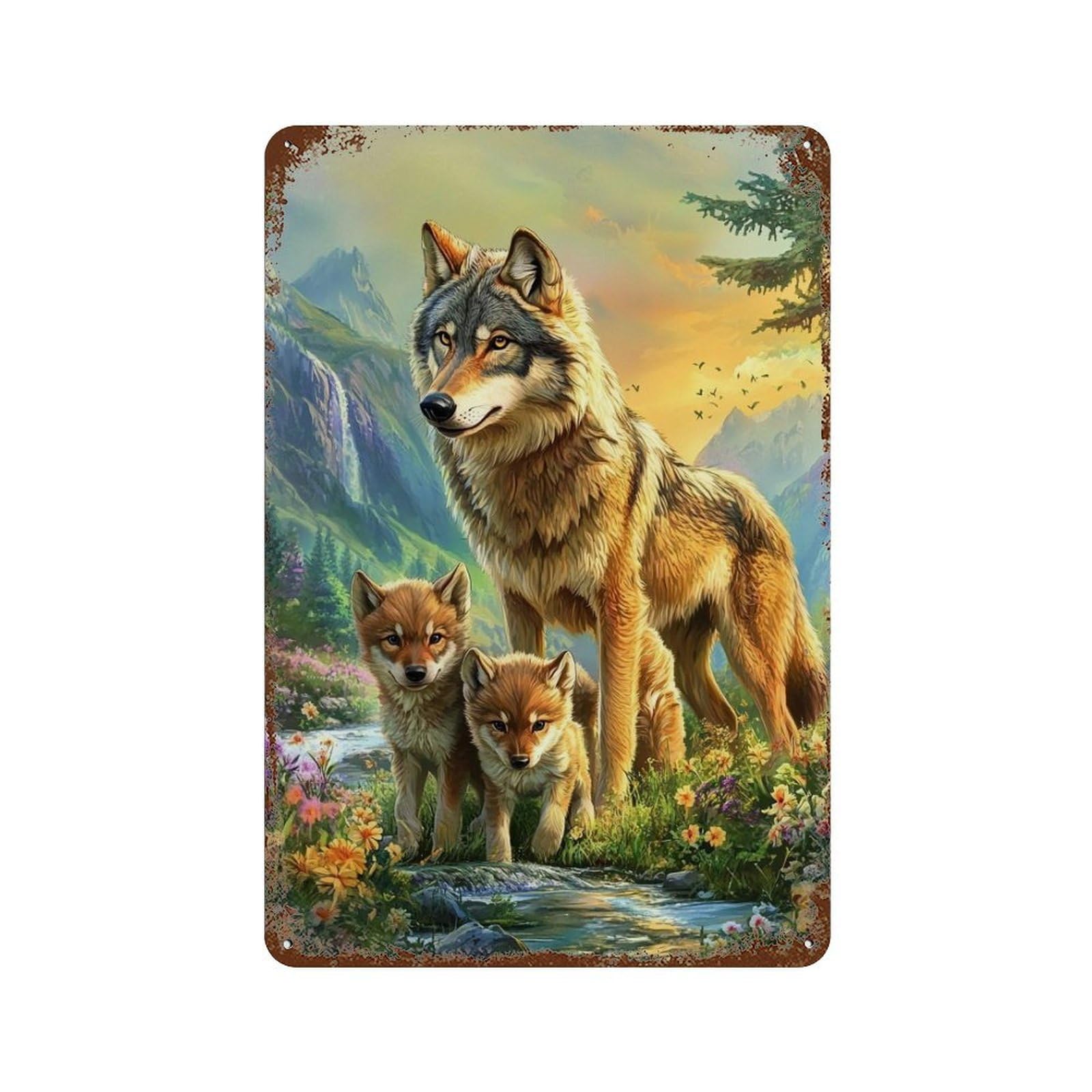 Vintage Rust Metal Sign Wolf Family in Wildflowers 11.8"x7.9", Old School Wall Decor for Garage, Bar And Workshop Decor