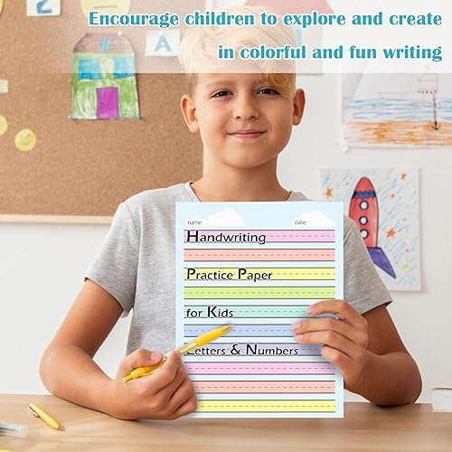 Miniatura 7 de 100 hojas de papel de línea elevada multicolor para práctica de escritura a mano, papel de escritura de jardín de infantes con rayas anchas, doble